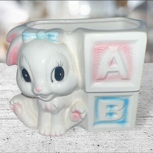 Vintage Kitsch Japan Ceramic Bunny Planter Pink Blue